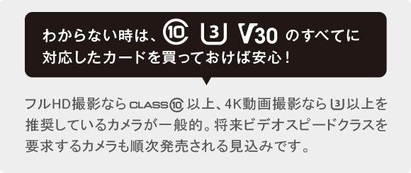 わからない時は、CLASS10,UHSスピードクラス3,ビデオスピードクラス30のすべてに対応したカードを買っておけば安心！フルHD撮影ならCLASS10以上、4K動画撮影ならUHSスピードクラス3以上を推奨しているカメラが一般的。将来ビデオスピードクラスを要求するカメラも順次発売される見込みです。